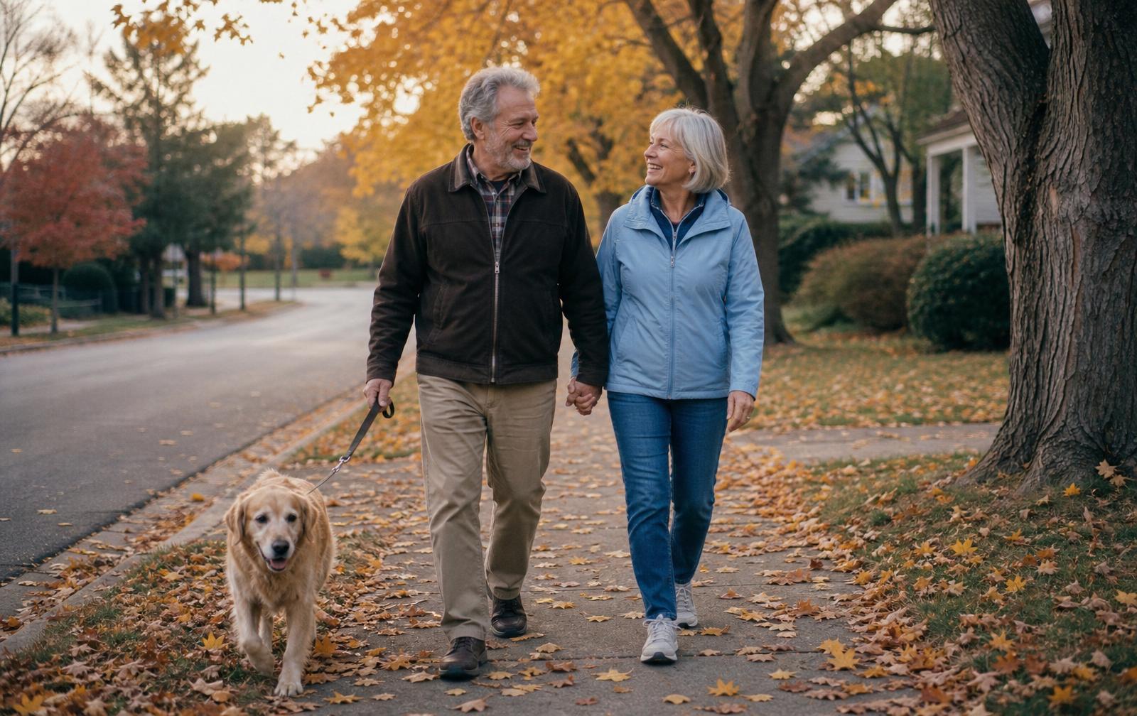 Robert and Judy walking their golden retriever on a fall morning